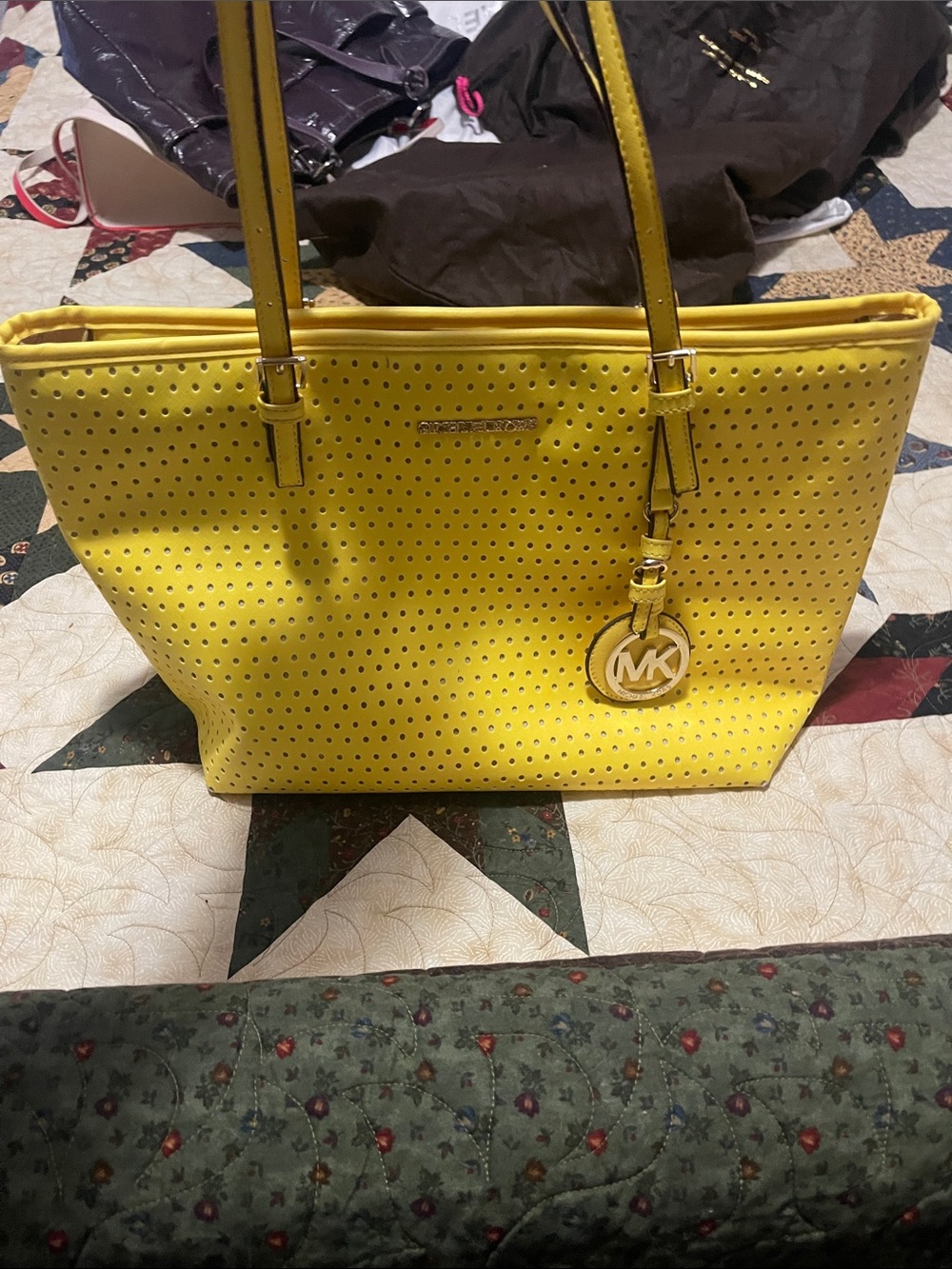 Michael Kors Yellow Perforated Leather Tote with MK Charm